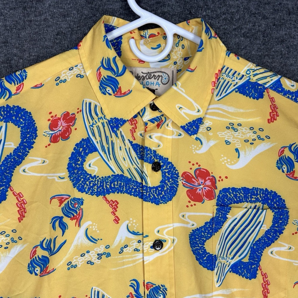 Western Aloha Hawaiian Shirt Mens L Yellow Surfboard Leis Floral Performance
